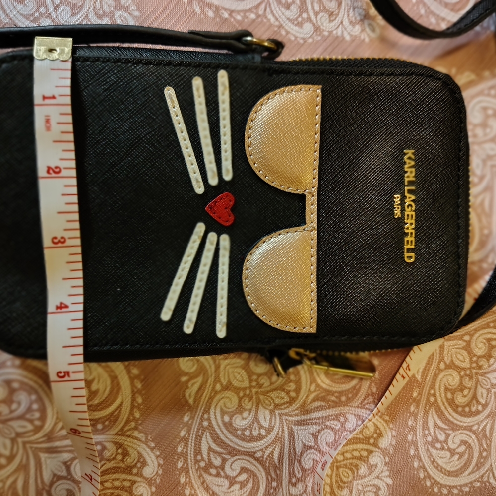 Karl Lagerfeld Black and Gold Cat Phone Crossbody Bag